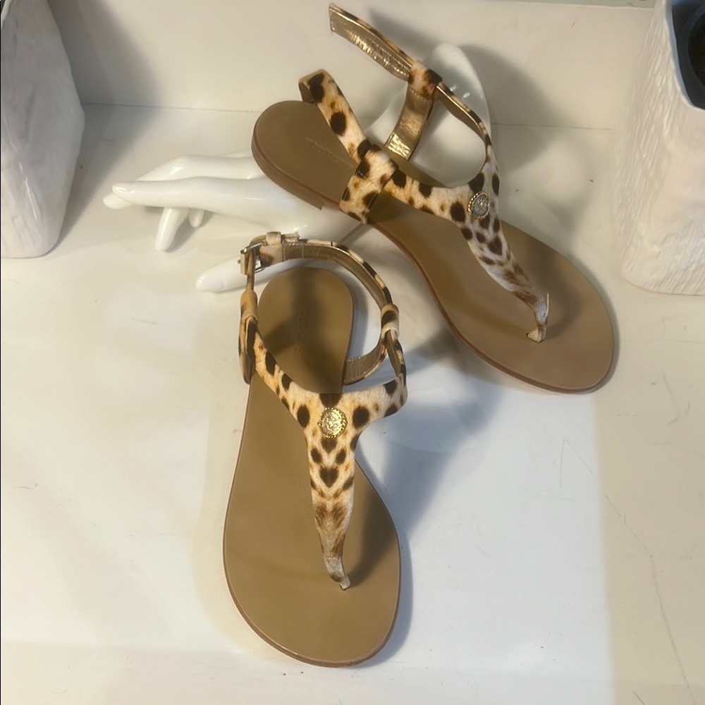 Roberto Cavalli Tan and Brown Animal Print Sandals